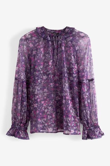 Buy Purple Floral Long Sleeve V Neck Sheer Blouse with Lace Trim