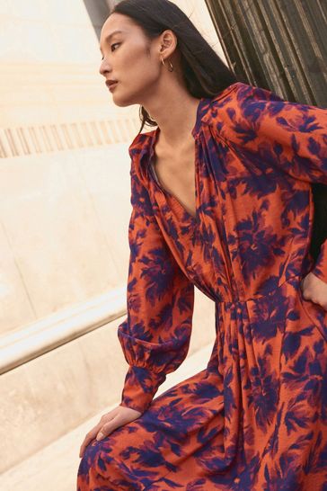 Buy Orange Tie Dye V Neck Long Sleeve Midi Dress from Next Latvia