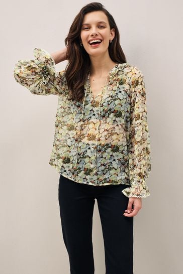 Cream Floral Long Sleeve V-Neck Sheer Blouse with Lace Trim Detail
