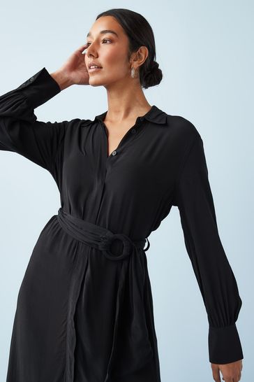 Black Belted Midi Shirt Dress