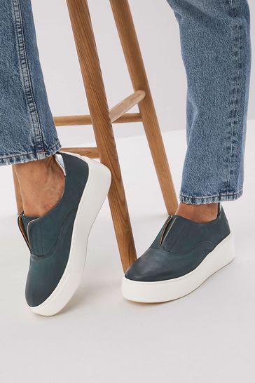 Teal Blue Slip On Signature Forever Comfort® Leather Chunky Wedges Platform Trainers