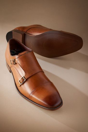 Tan Brown Signature Italian Leather Double Monk Shoes