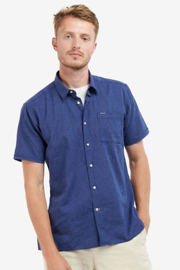 Barbour® Navy Blue Nelson Short Sleeve Linen/Cotton Blend Shirt