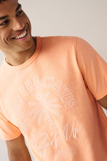 Orange Embroidered Print T-Shirt