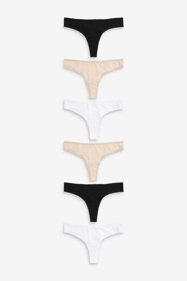 Black/White/Nude Thong Cotton Rich Knickers 6 Pack