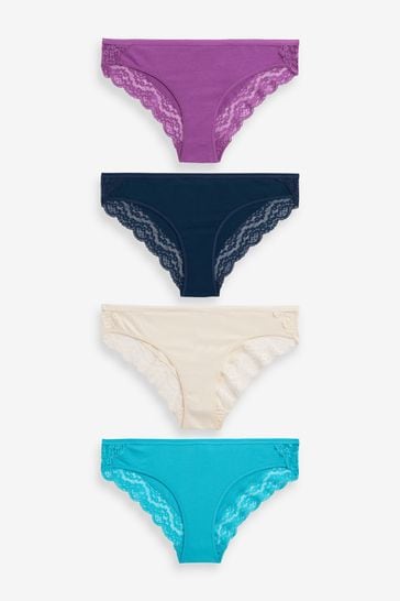 Navy Blue/Aqua Blue/Purple/Cream Bikini Cotton & Lace Knickers 4 Pack