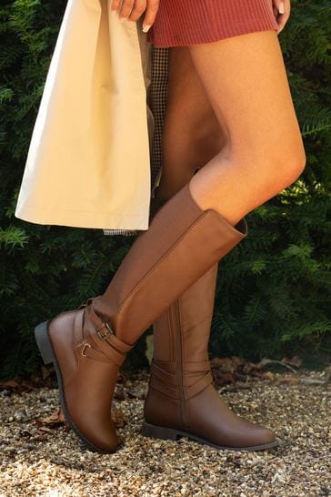 Novo Brown Knee High Buckle Detail Jadine Riding Boots