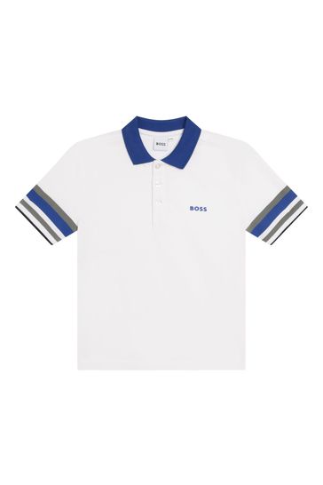 BOSS White Striped Sleeve Logo Polo Shirt