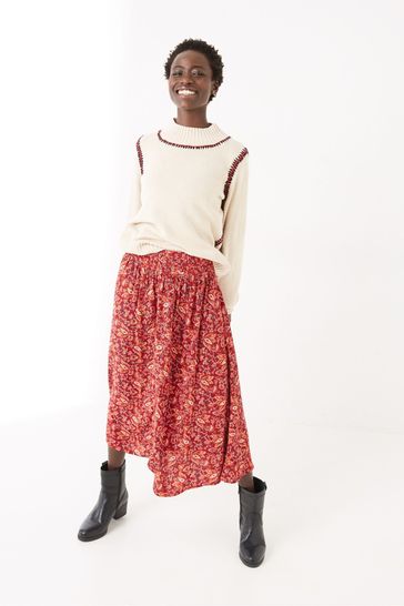FatFace Red Sienna Floral Craft Midi Skirt