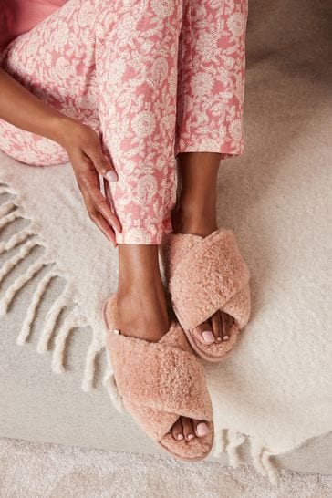 Peach Pink Recycled Faux Fur Cosy Crossover Slippers