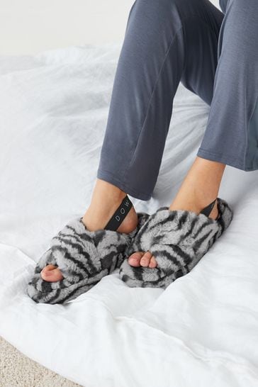 Grey Zebra Faux Fur Crossover Slider Slippers