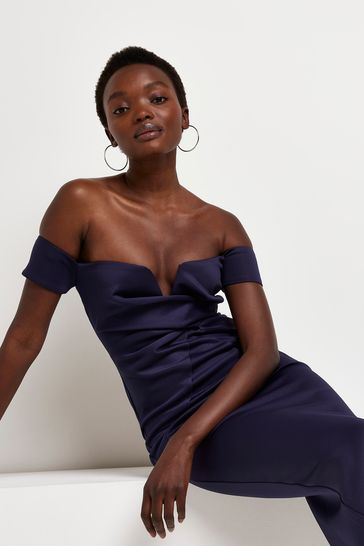 Navy and white bardot dress top