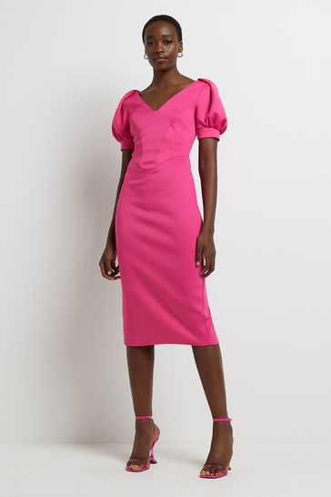 River Island Pink Scuba Puff Sleeve Midi Dress