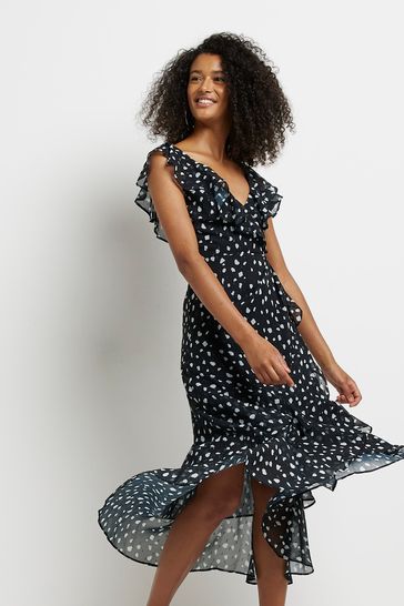 River Island Black Frill Wrap Maxi Dress