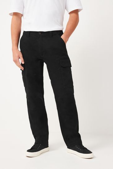 Black Cotton Stretch Straight Fit Cargo Trousers