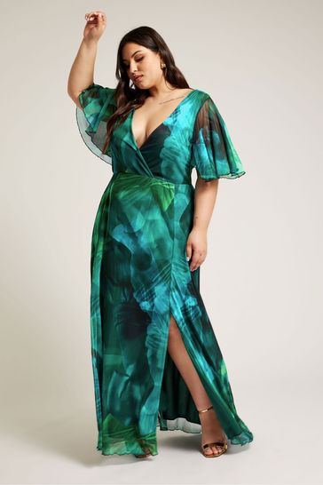 Yours Curve Green Wrap Angel Sleeve Mesh Maxi Dress