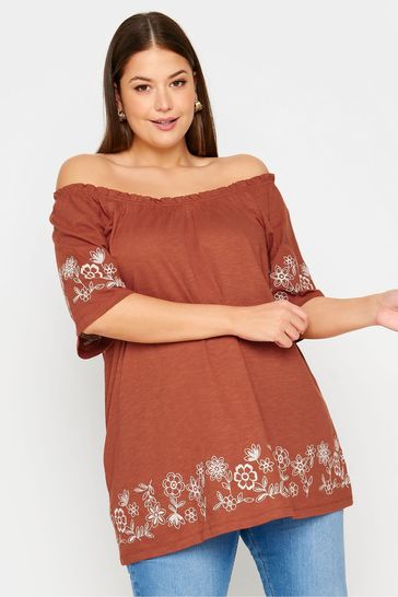 Yours Curve Orange Navy Embroidered Detail Bardot Top