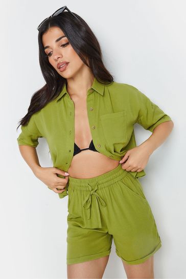 PixieGirl Petite Green Textured Boxy Short Sleeve Shirt