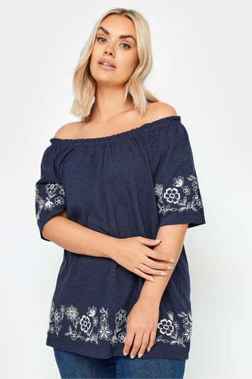 Yours Curve Blue Navy Embroidered Detail Bardot Top