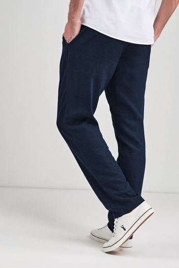Navy Blue Linen Blend Drawstring Trousers