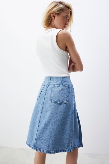 Mid Blue Pleated Knee Length Denim Skirt