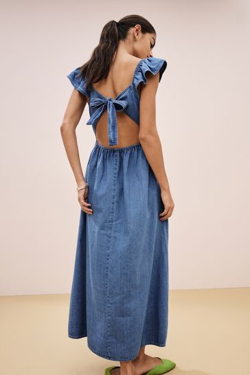 Mid Blue Flutter Sleeve Lightweight Denim Midi 100 Cotton Dress