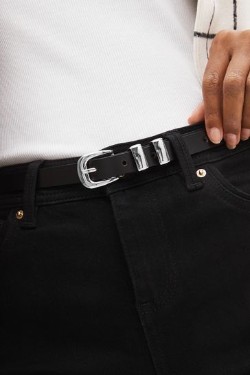 Black Leather Skinny Metal Detail Belt