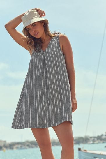 Black Ecru Pinstripe Linen Blend V Neck Summer Mini Dress