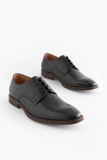 Black Regular Fit Leather Contrast Sole Derby Shoes