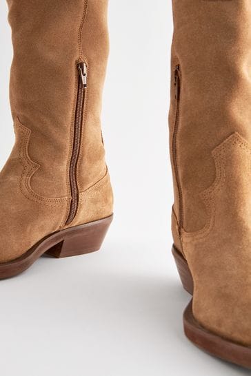 Suede knee high boots tan deals
