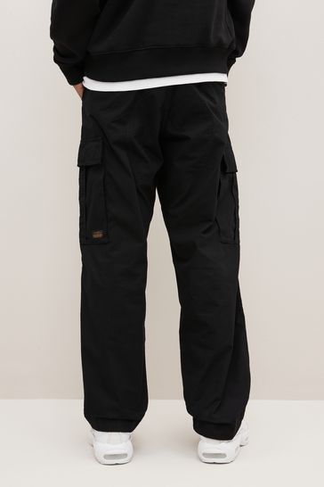 Black Relaxed Fit Ripstop Cargo 100 Cotton Trousers