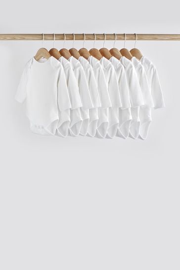White White 10 Pack Essential Baby Long Sleeve Bodysuits