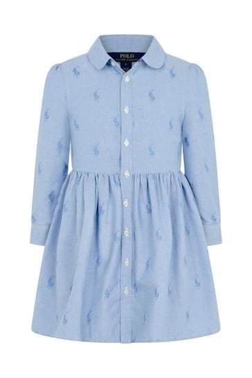 Girls Blue Cotton Oxford Shirt Dress