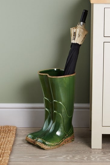 Green Welly Boot Ceramic Umbrella Stand