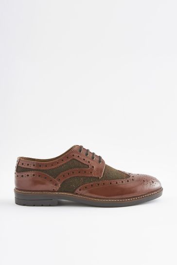 Tan Brown Leather Tweed Detail Brogues