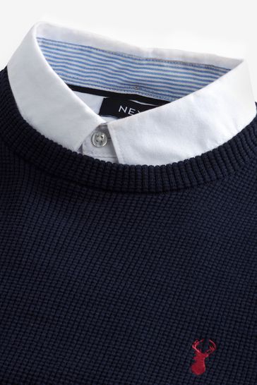 Navy Blue Oxford Crew Neck Regular Mock Shirt Jumper