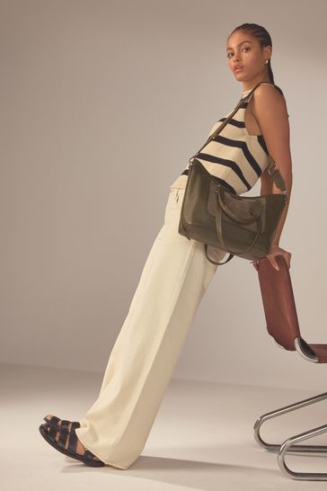 Khaki Green Leather Handheld Grab Bag