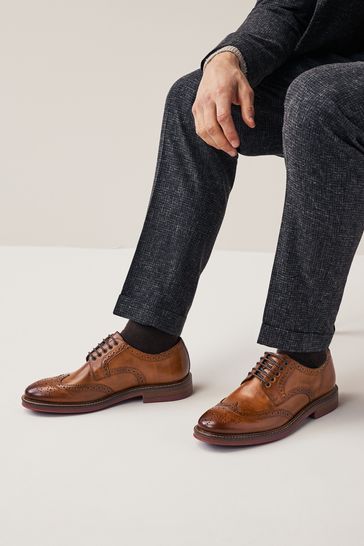 Tan Brown Leather Contrast Sole Chunky Brogues Shoes