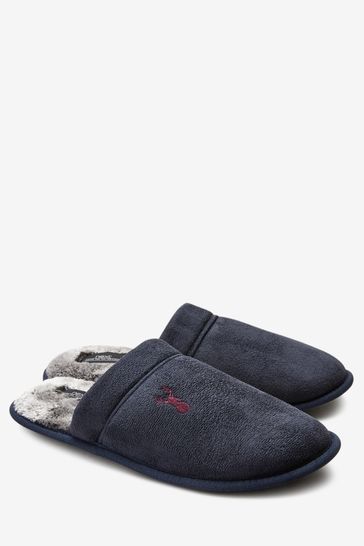 Navy Blue Stag Faux Fur Lined Mule Slippers