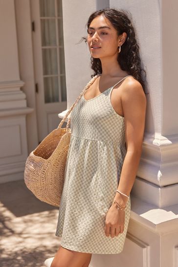 Green Gingham 100 Cotton Seersucker Mini V Neck Cami Summer Dress