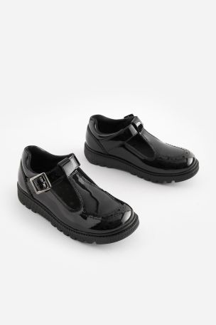 Black Patent School Leather Chunky T Bar Shoes