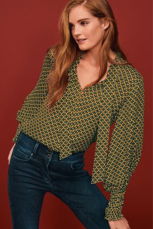 Buy Tie Neck Smock Cuff Blouse from 