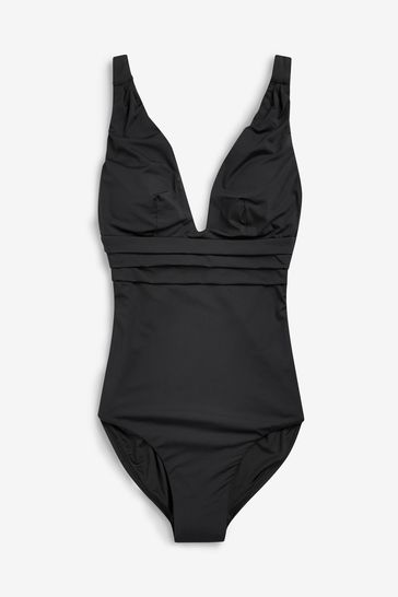 Black Print Plunge Tummy Shaping Control Swimsuit