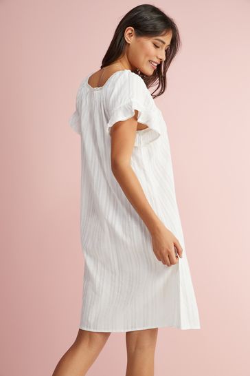 White Square Neck Ruffle Cotton Nightie Slip