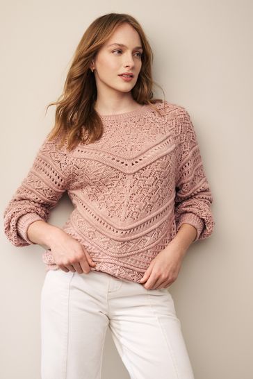 Blush Pink Crochet Crew Neck Long Sleeve Jumper