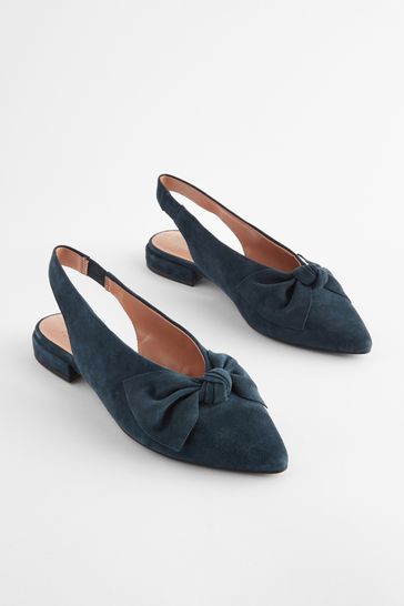 Navy Forever Comfort® Leather Point Toe Bow Slingback Shoes