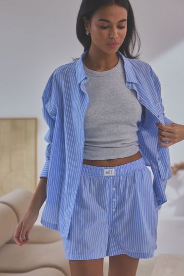 self. Blue Oversized Cotton Shirt