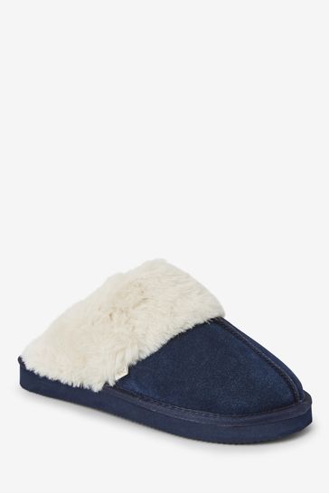 Navy Suede Faux Fur Lined Mule Slippers