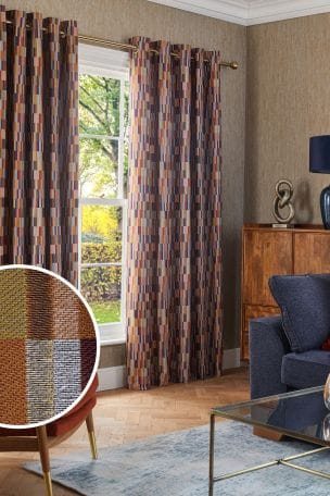Rust Orange Navy Blue Jacquard Blocks Lined Eyelet Curtains