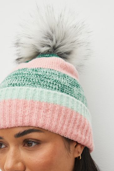 Green/Pink Stripe Pom Hat